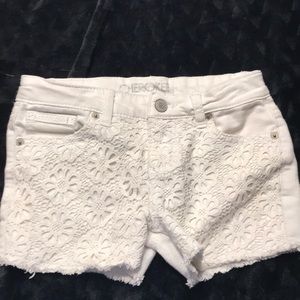 White denim lace front shorts
